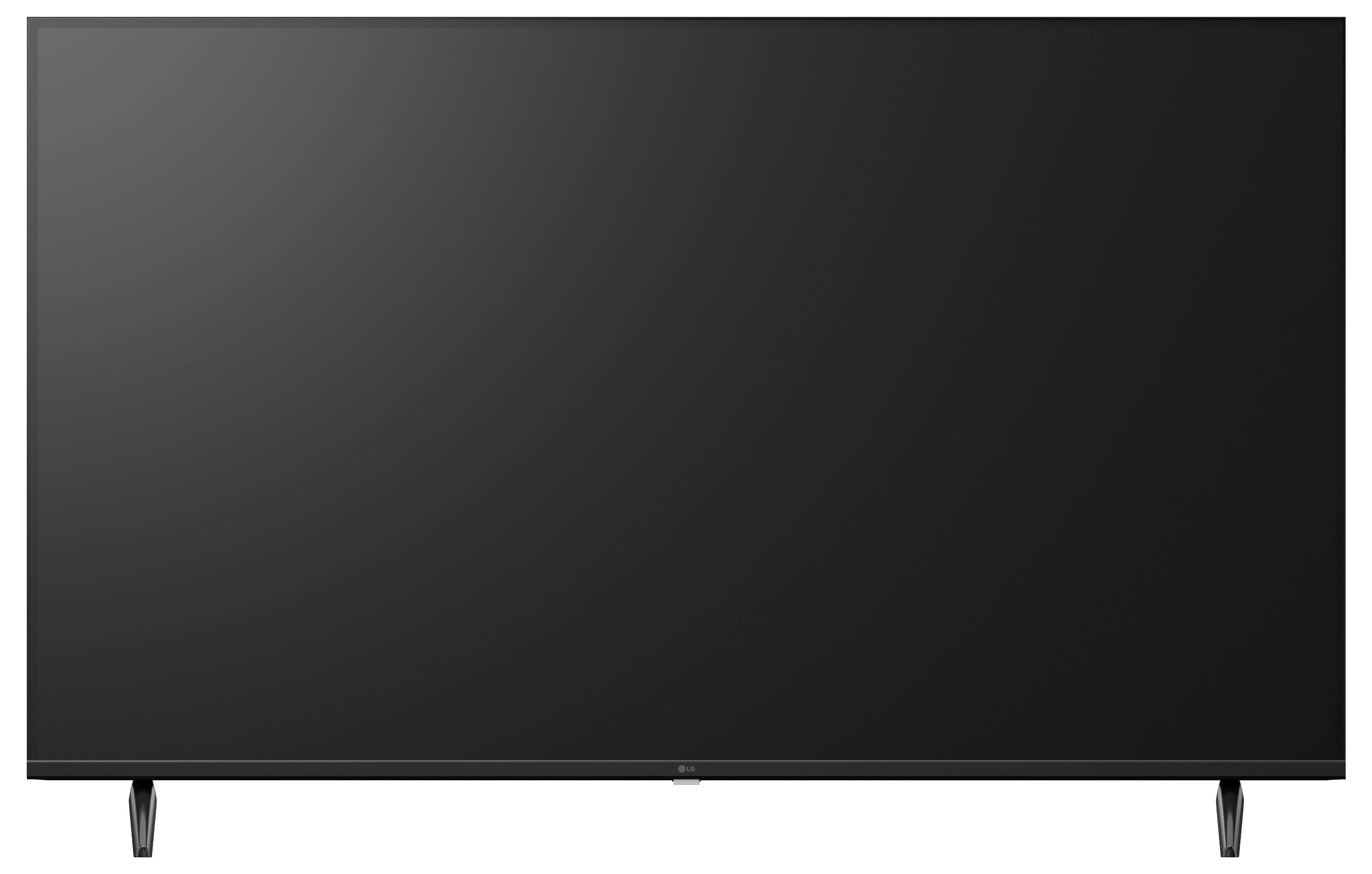 Vista frontale di una televisione a schermo piatto nera su due supporti su uno sfondo bianco neutro.