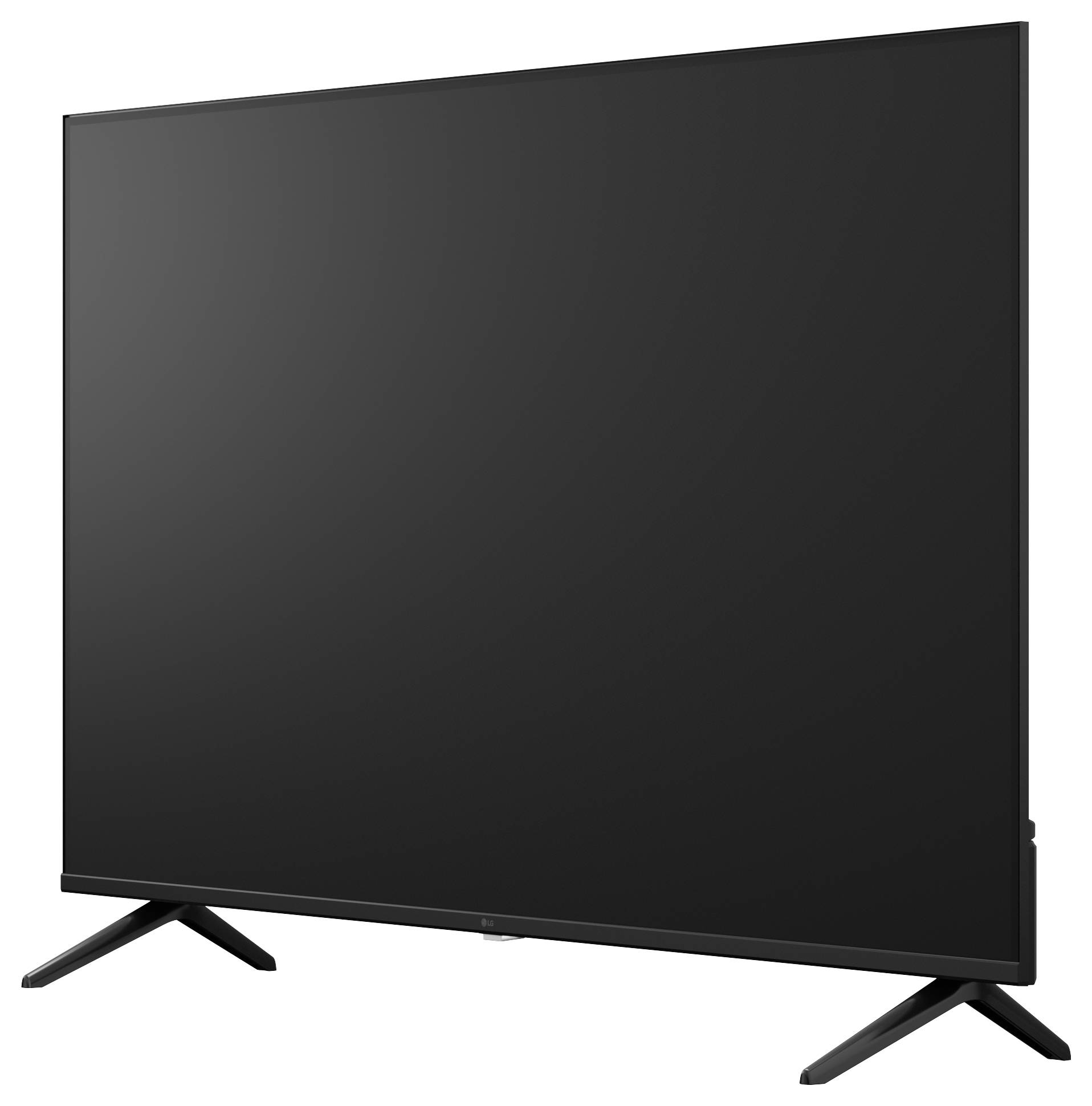 TV a schermo piatto con uno schermo nero vuoto su due gambe inclinate, mostrato su uno sfondo bianco.