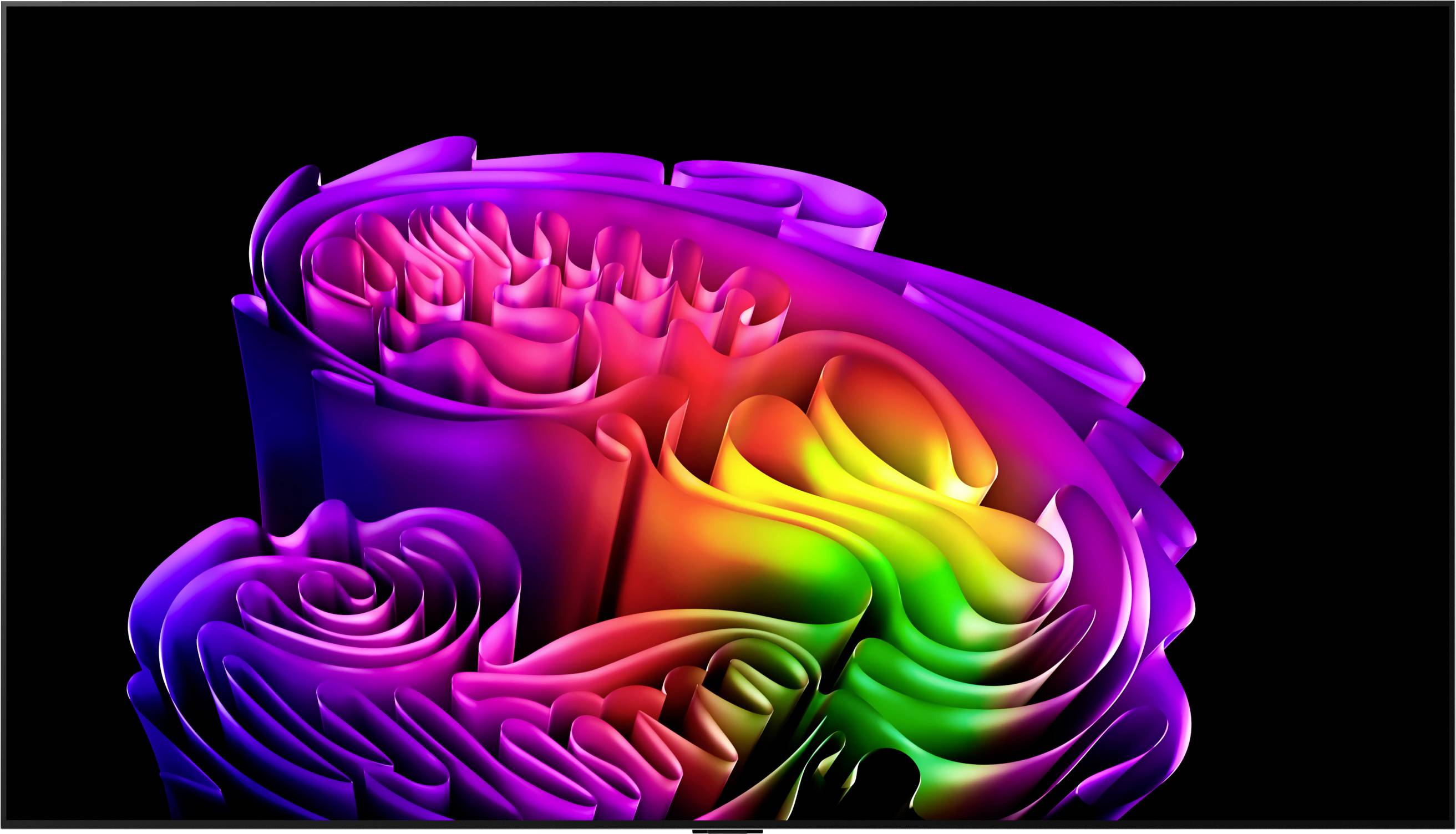 Nastro astratto colorato a forma di spirale tridimensionale su uno sfondo nero, con gradienti arcobaleno stratificati che formano una forma a fiore o a spirale.
