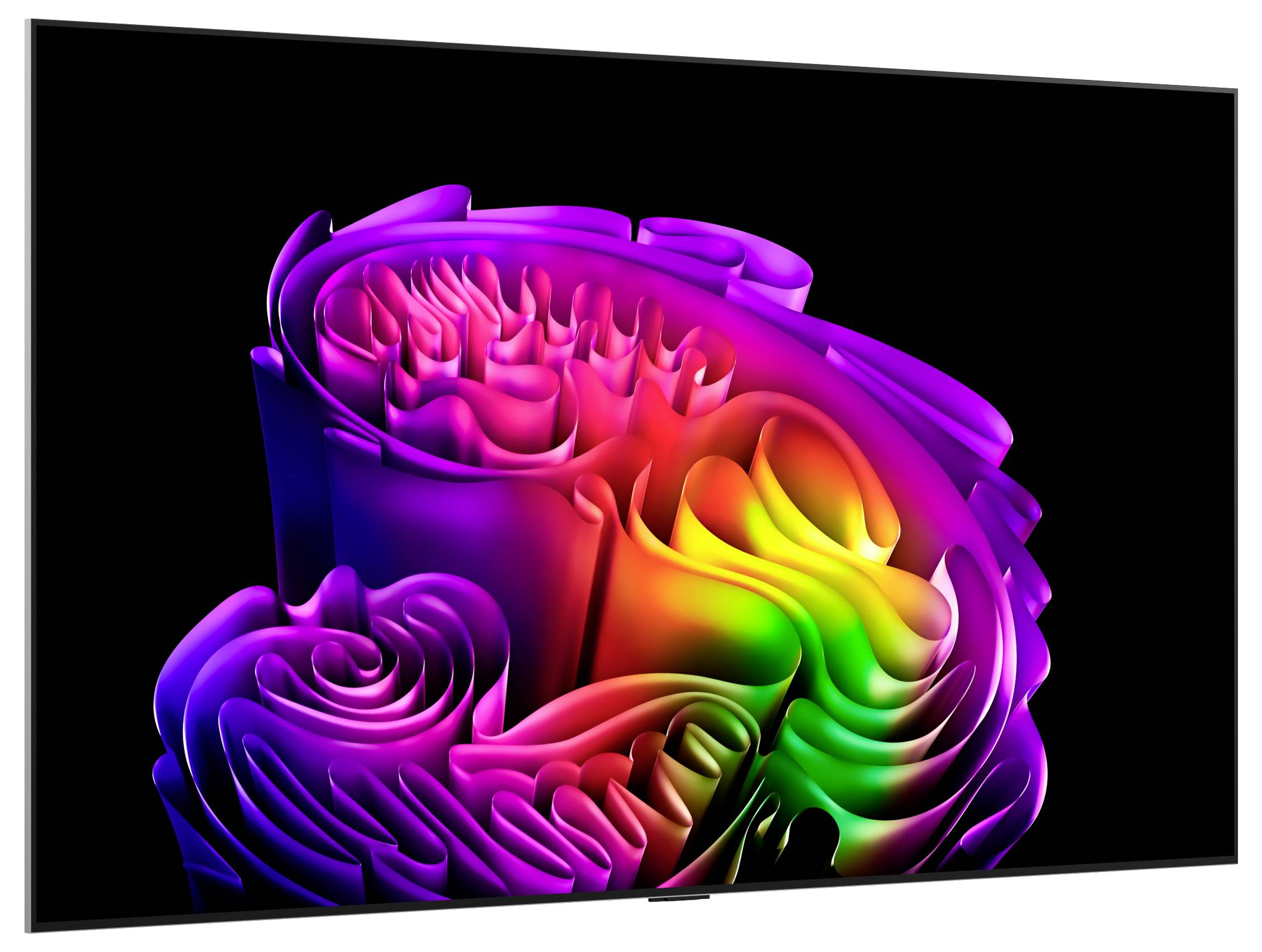 Turbine astratta colorata 3D su sfondo nero, con pieghe arcobaleno stratificate che assomigliano a un nastro scolpito o a un fiore.