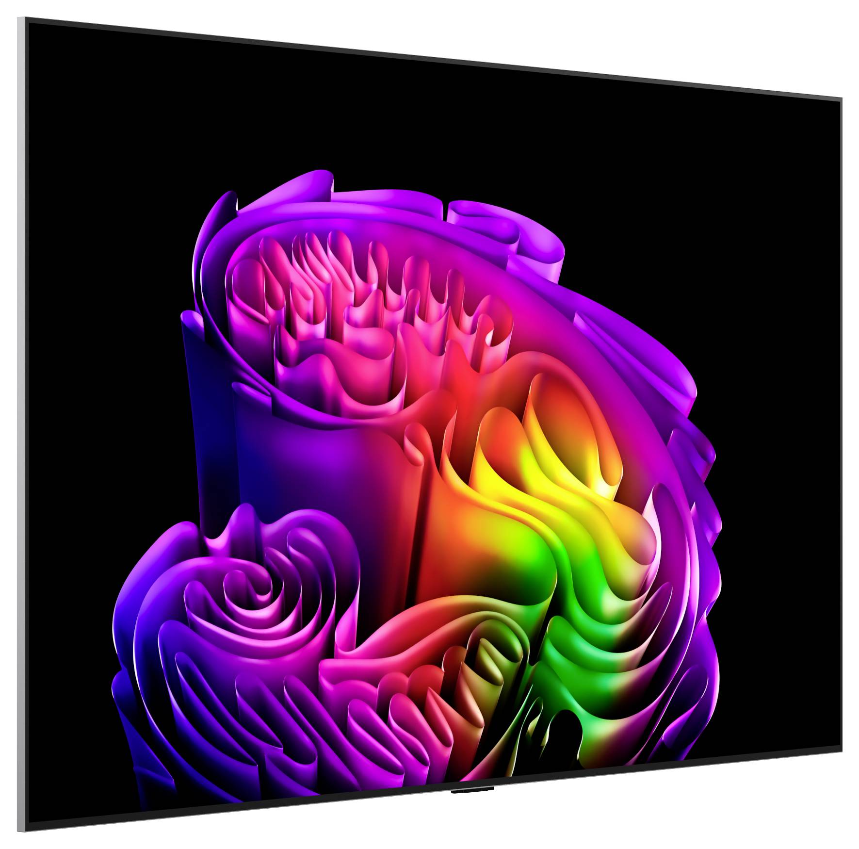 Opera d'arte 3D astratta e colorata di una forma di fiore simile a un nastro piegato con una sfumatura arcobaleno su uno sfondo nero.