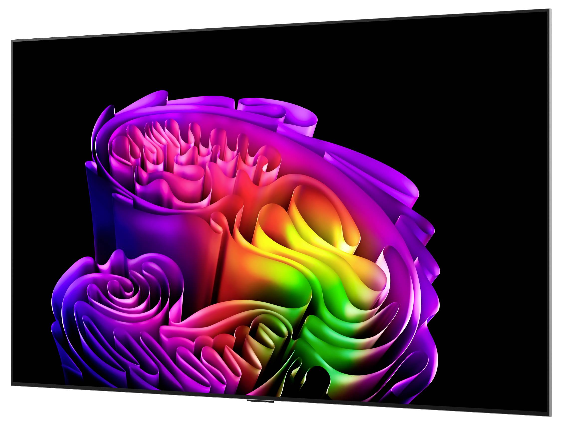 Rendering 3D astratto colorato di forme simili a nastri stratificati e piegati che formano un turbine arcobaleno su uno sfondo nero.