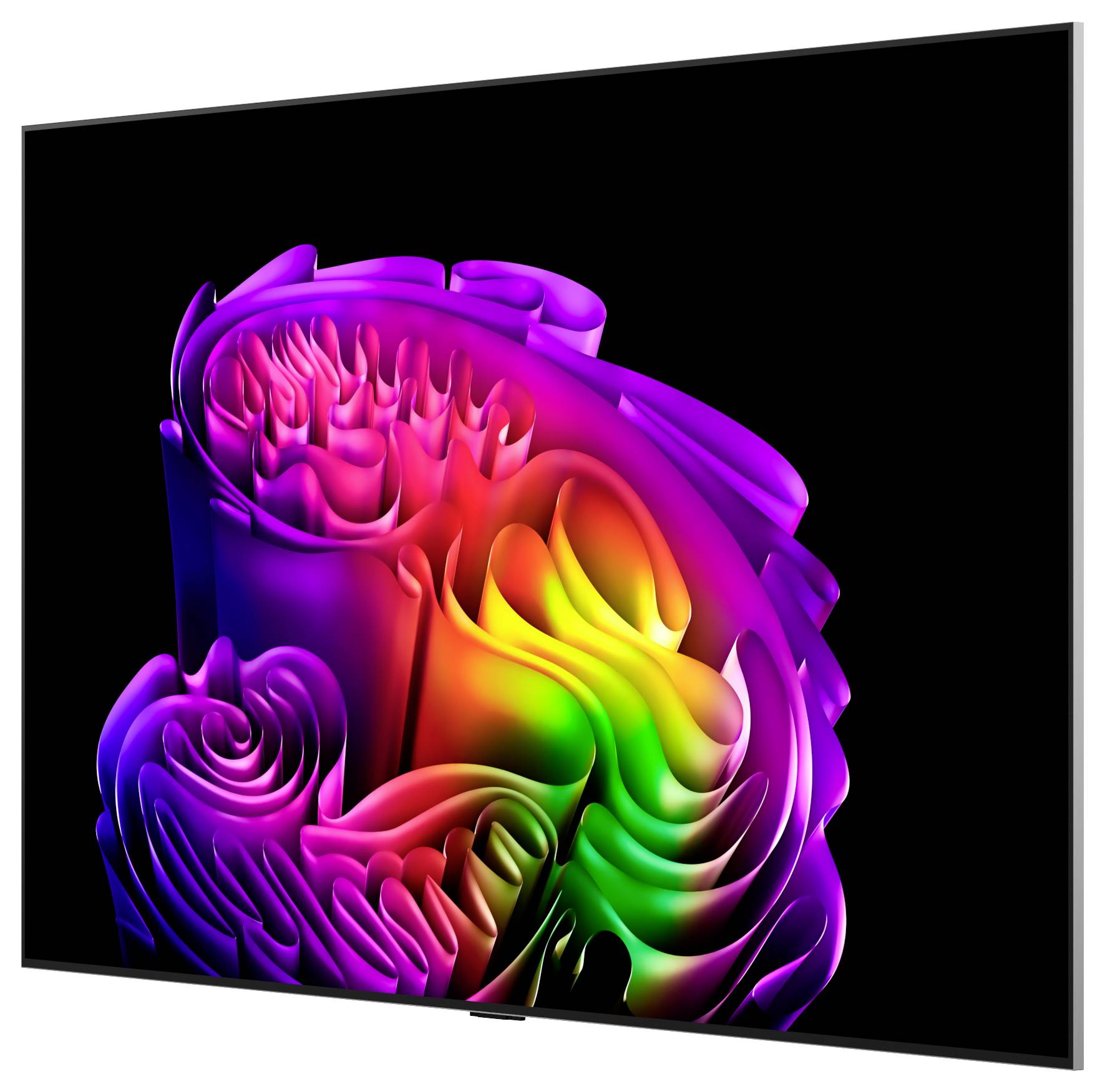 Opera d'arte a spirale 3D astratta e colorata su schermo nero, con swirl a nastro neon stratificati in viola, rosa, rosso, arancione, verde e blu.