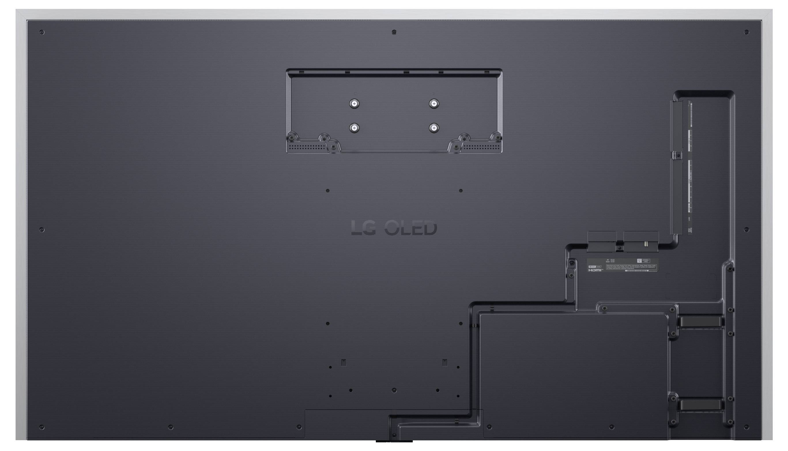 Vista posteriore di una TV OLED LG a schermo piatto, che mostra i punti di montaggio centrali e i canali di gestione dei cavi incassati.