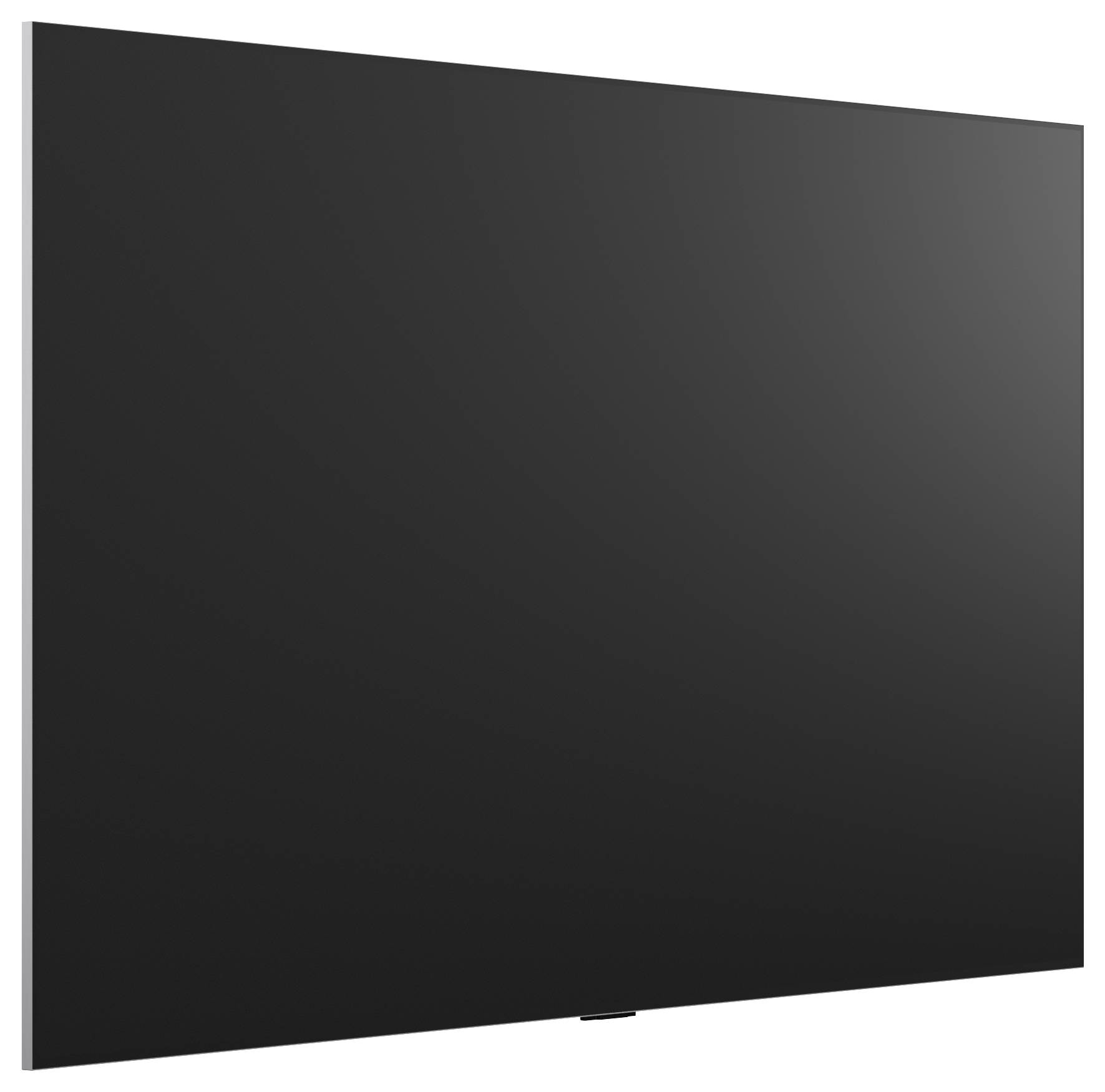 Televisore a schermo piatto di grandi dimensioni di colore nero mostrato da un'angolazione su uno sfondo bianco