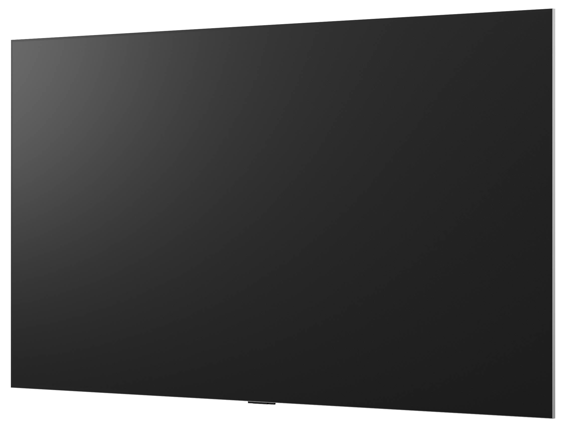 Televisore o monitor a schermo piatto nero vuoto, visualizzato da un'angolazione su uno sfondo bianco.