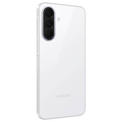 Vista posteriore di uno smartphone Samsung bianco che mostra tre fotocamere posteriori impilate verticalmente e un flash in alto a sinistra.