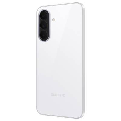 Smartphone Samsung Galaxy A37 5G bianco mostrato in posizione verticale su uno sfondo con gradiente da rosa a viola, schermo frontale che visualizza "Galaxy A37 5G".