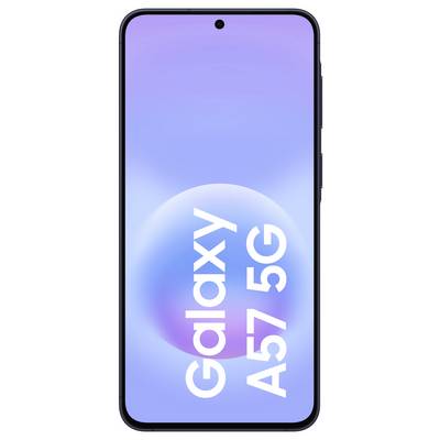 Un smartphone Samsung Galaxy A57 5G mostrato frontalmente con uno schermo sfumato blu-viola e una fotocamera centrale a foro.