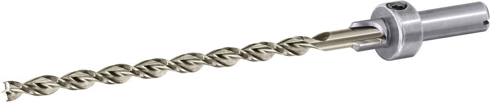 Un lungo punta da trapano a elica in metallo con attacco a gambo a cambio rapido, mostrato su uno sfondo bianco.