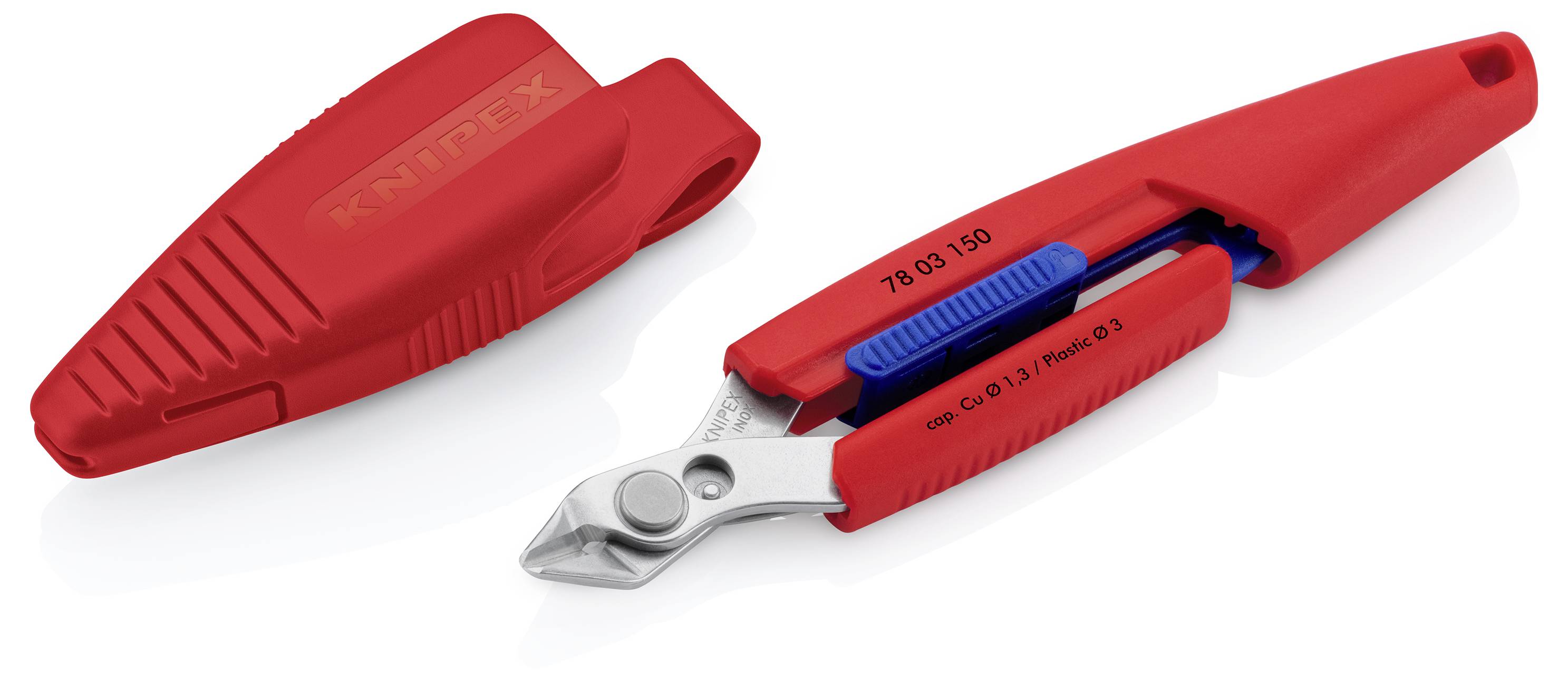 Tagliaerbe rosso isolato con cappuccio protettivo rimosso, che mostra le mascelle di taglio in metallo e il blocco del manico con molla blu.