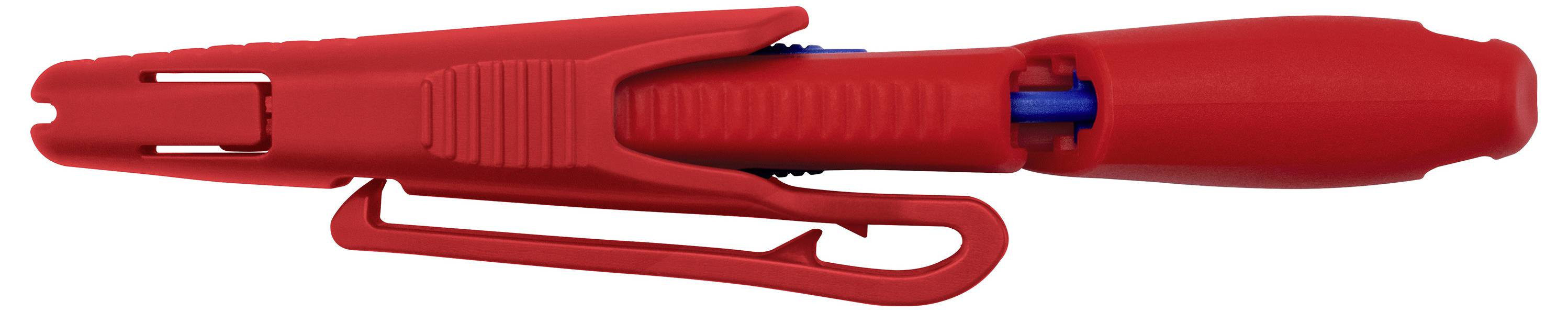 Penna a sfera in plastica rossa con clip, fotografata su sfondo bianco.