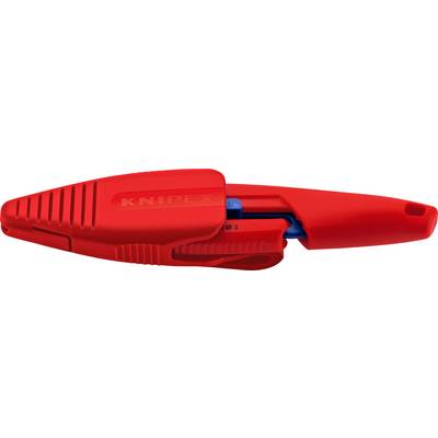 Forbici per cavi Knipex rossi con mascelle chiuse e meccanismo di bloccaggio blu su sfondo bianco.