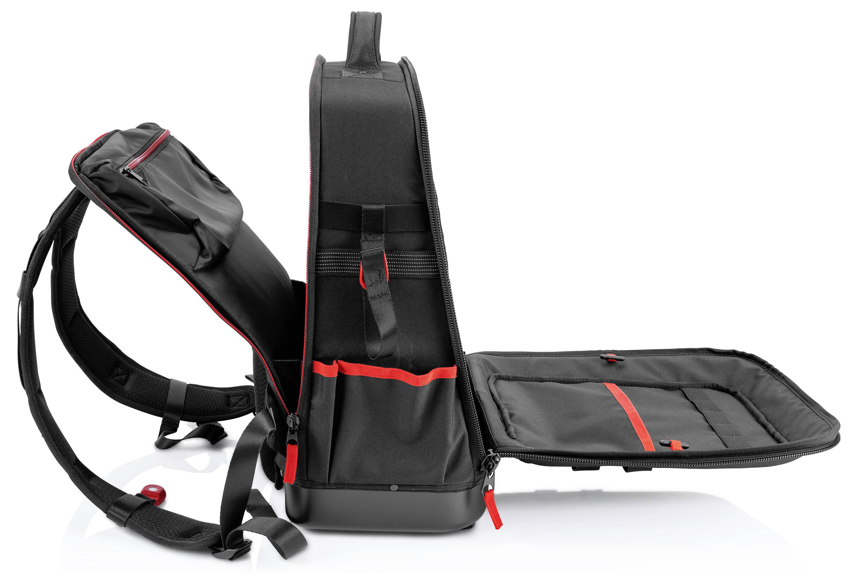 Zaino nero o borsa in stile custodia per chitarra mostrata aperta, con spalline imbottite e uno scomparto anteriore piatto esteso sul lato.