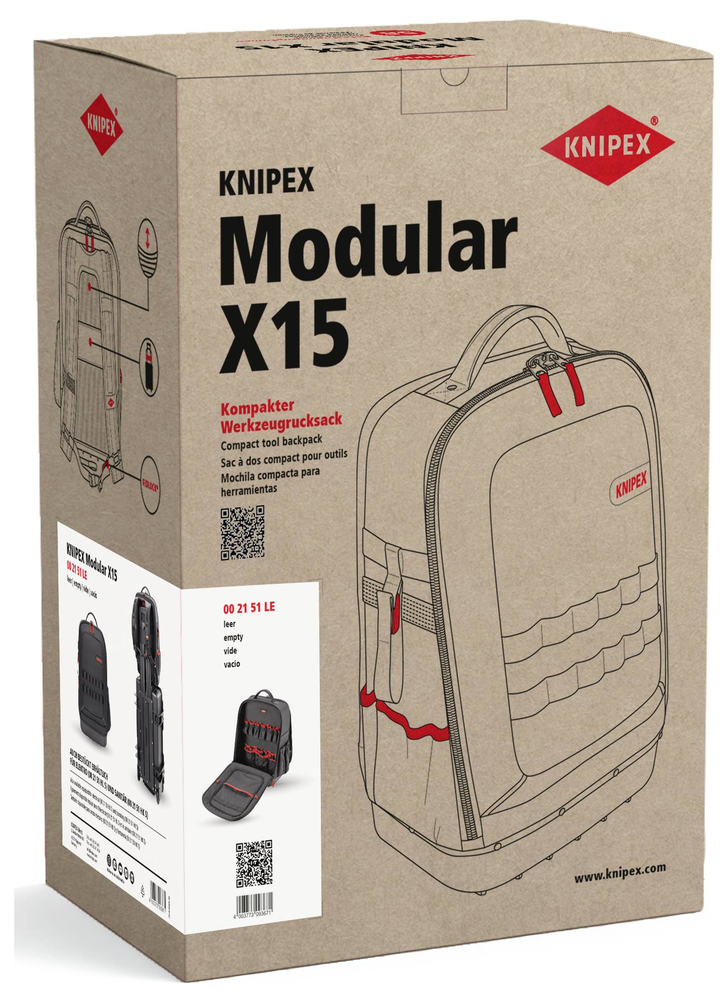 Confezione della scatola di imballaggio dello zaino compatto modulare KNIPEX X15, che mostra il nome del prodotto e uno zaino illustrato su un cartone marrone.