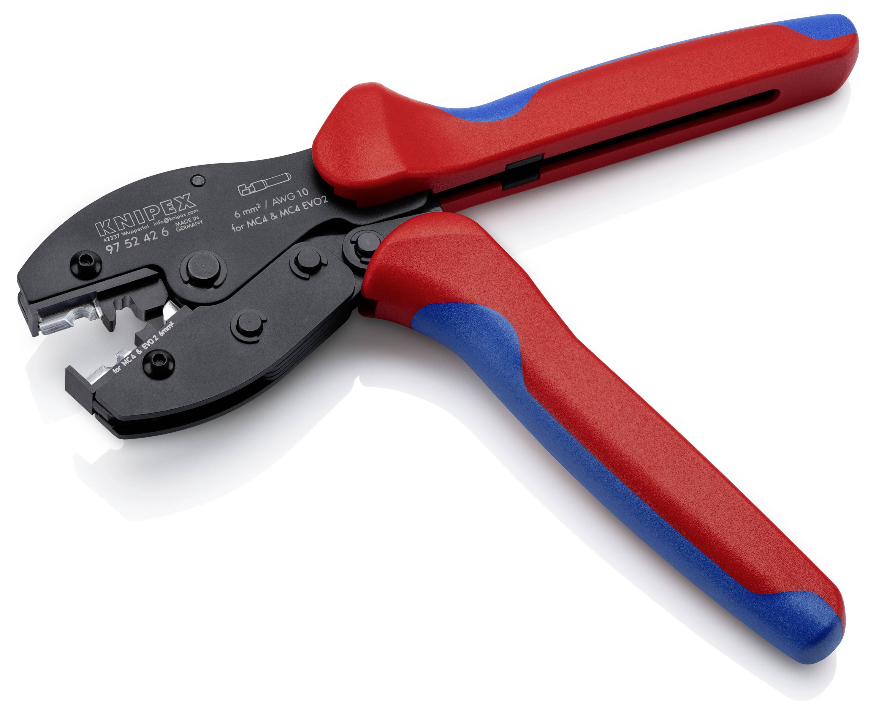 Pinze crimpatrici Knipex rosse e blu con ganasce nere, mostrate su sfondo bianco.