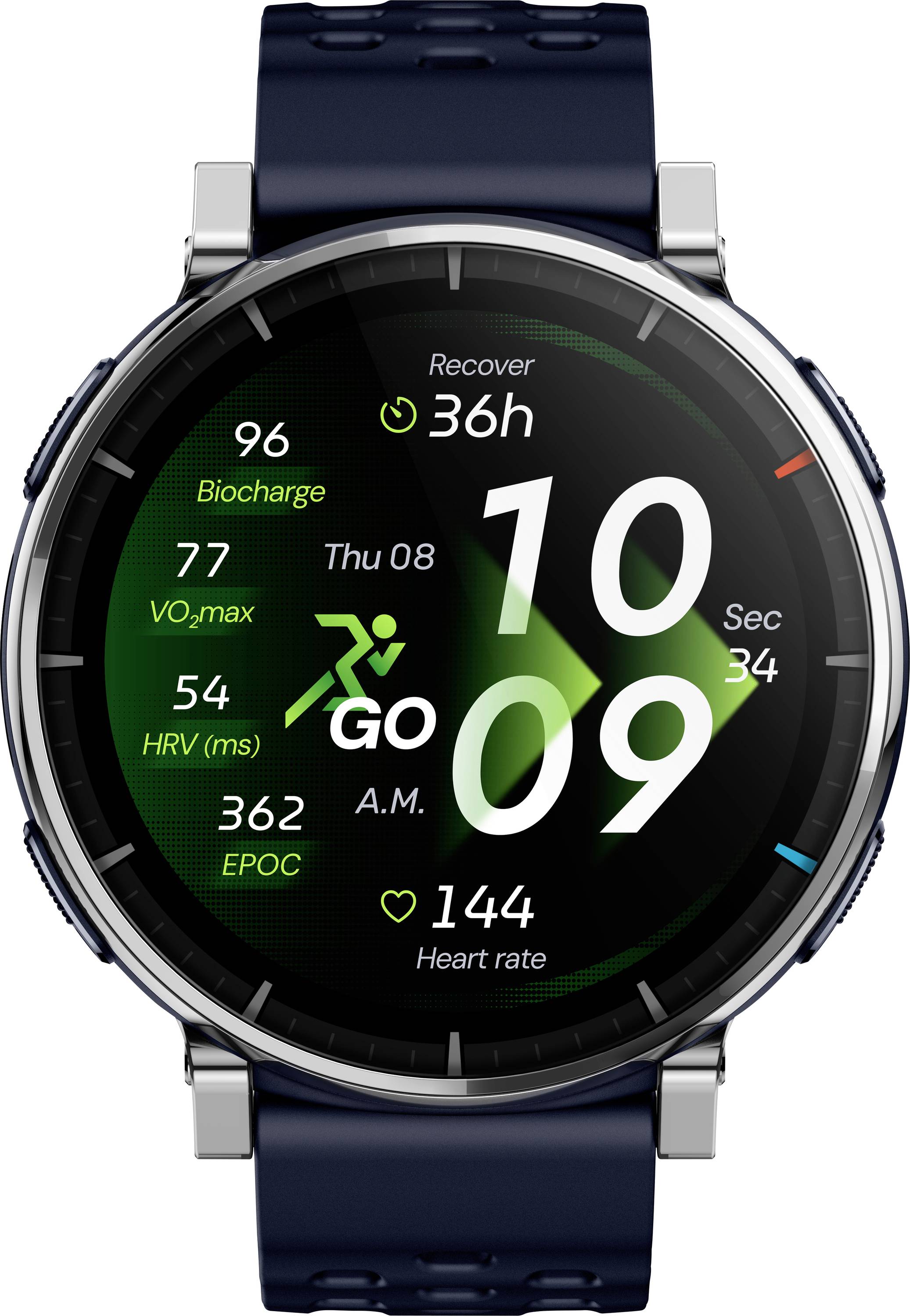 Quadrante dello smartwatch che mostra le 10:09 A.M. con metriche di fitness: 96 Biocharge, 77 VO2 max, 54 HRV, 362 EPOC, 144 frequenza cardiaca e 36h di recupero.