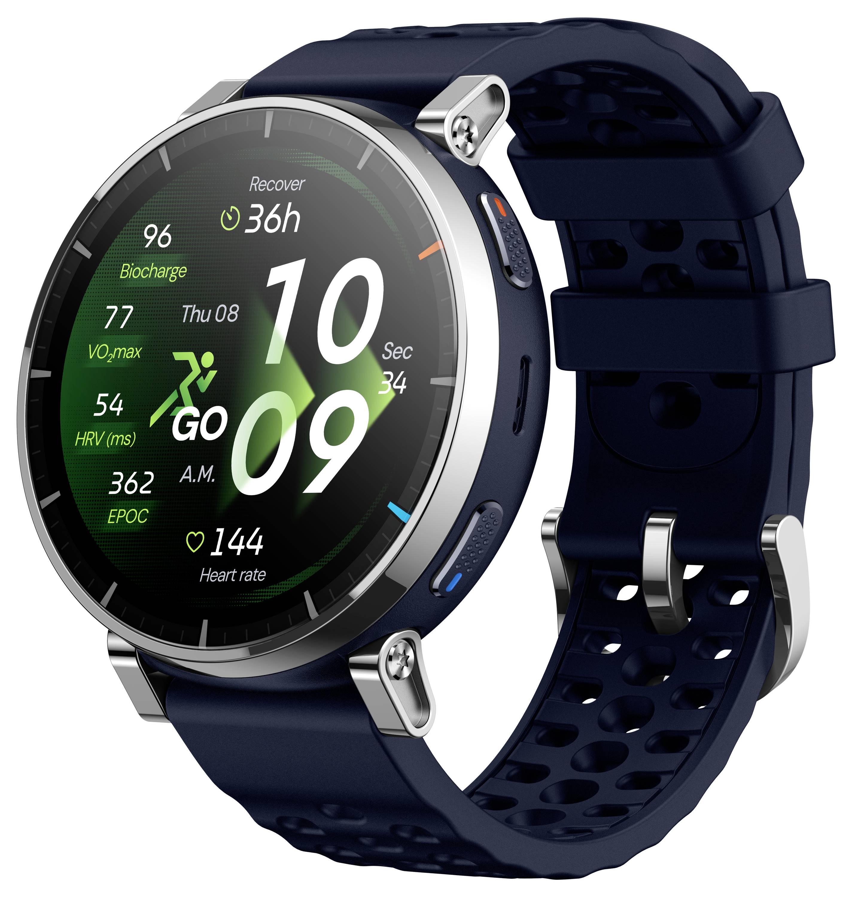 Smartwatch navy rotondo con quadrante fitness digitale che mostra "GO", l'ora 10:09 e statistiche di salute come frequenza cardiaca, VO2 max e tempo di recupero.