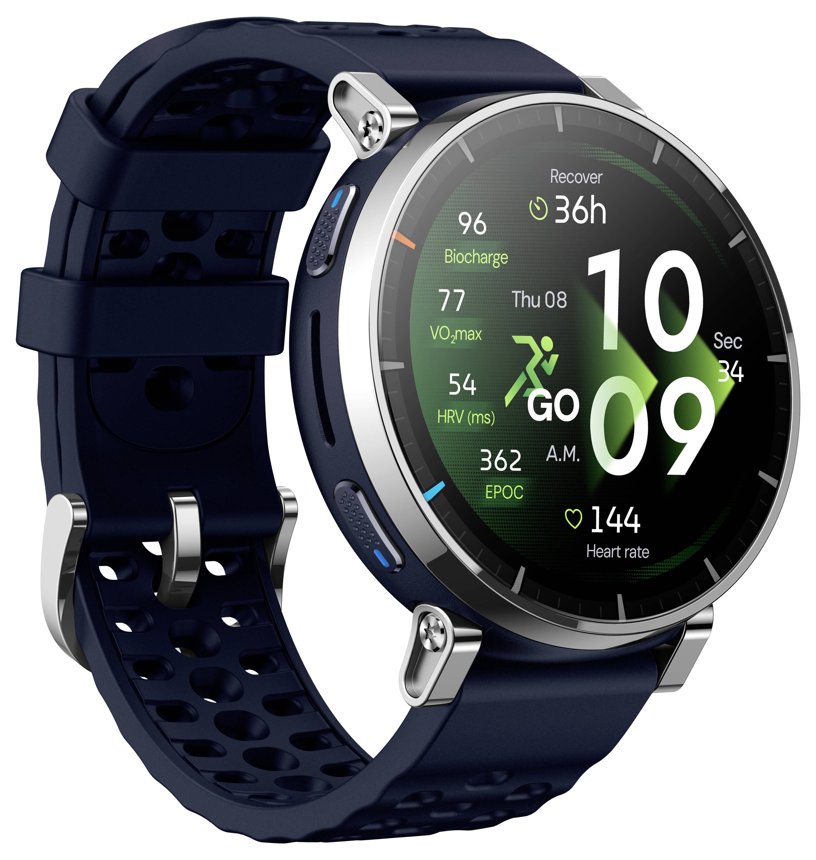 Smartwatch rotondo blu navy con cinturino forato, che mostra un quadrante digitale con metriche di fitness come frequenza cardiaca, recupero, VO2 max e ora 10:09 AM.