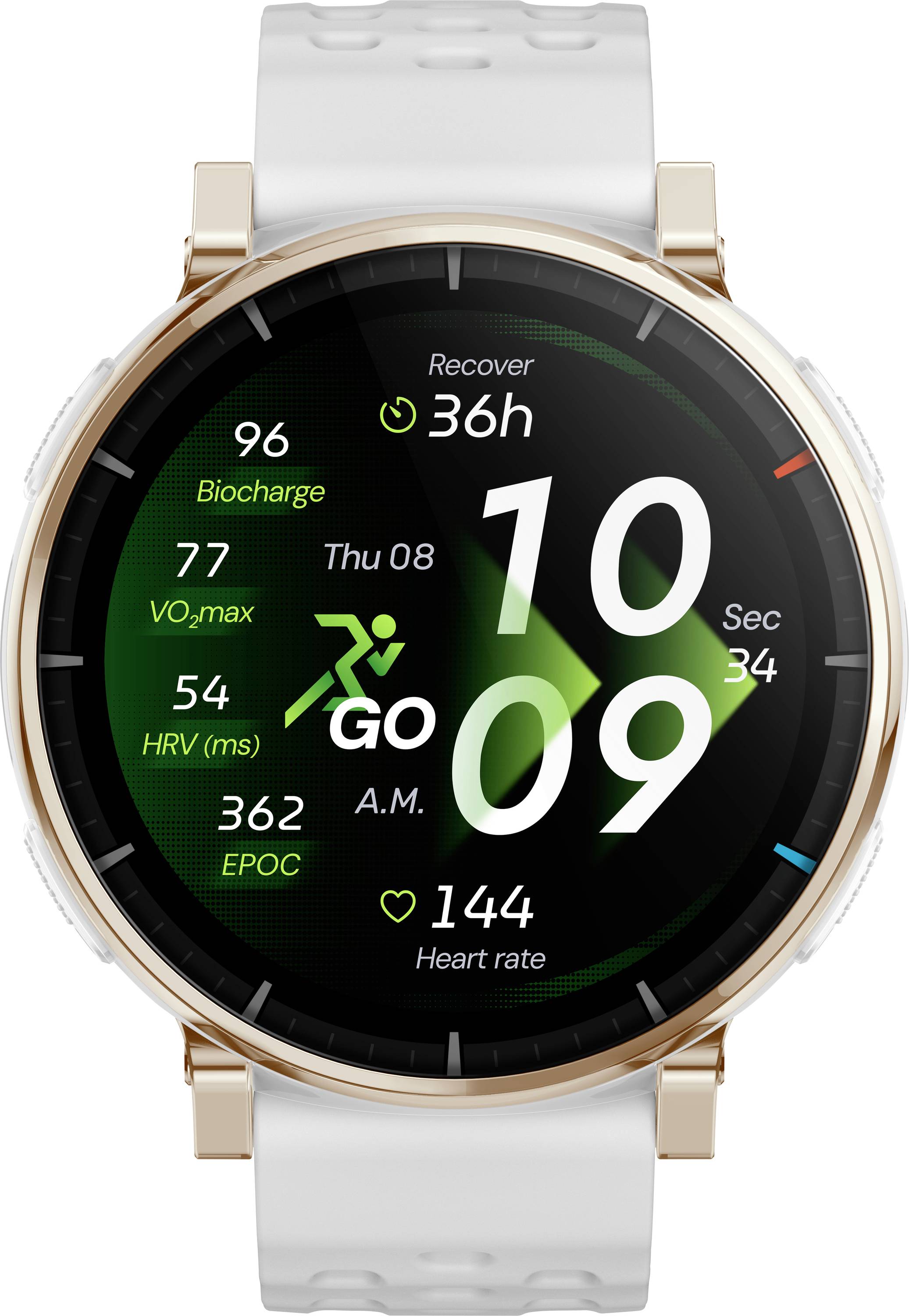 Quadrante smartwatch che mostra l'ora 10:09 A.M. con statistiche fitness: batteria corporea 96, VO2 max 77, HRV 54 ms, EPOC 362, frequenza cardiaca 144 e recupero 36h.