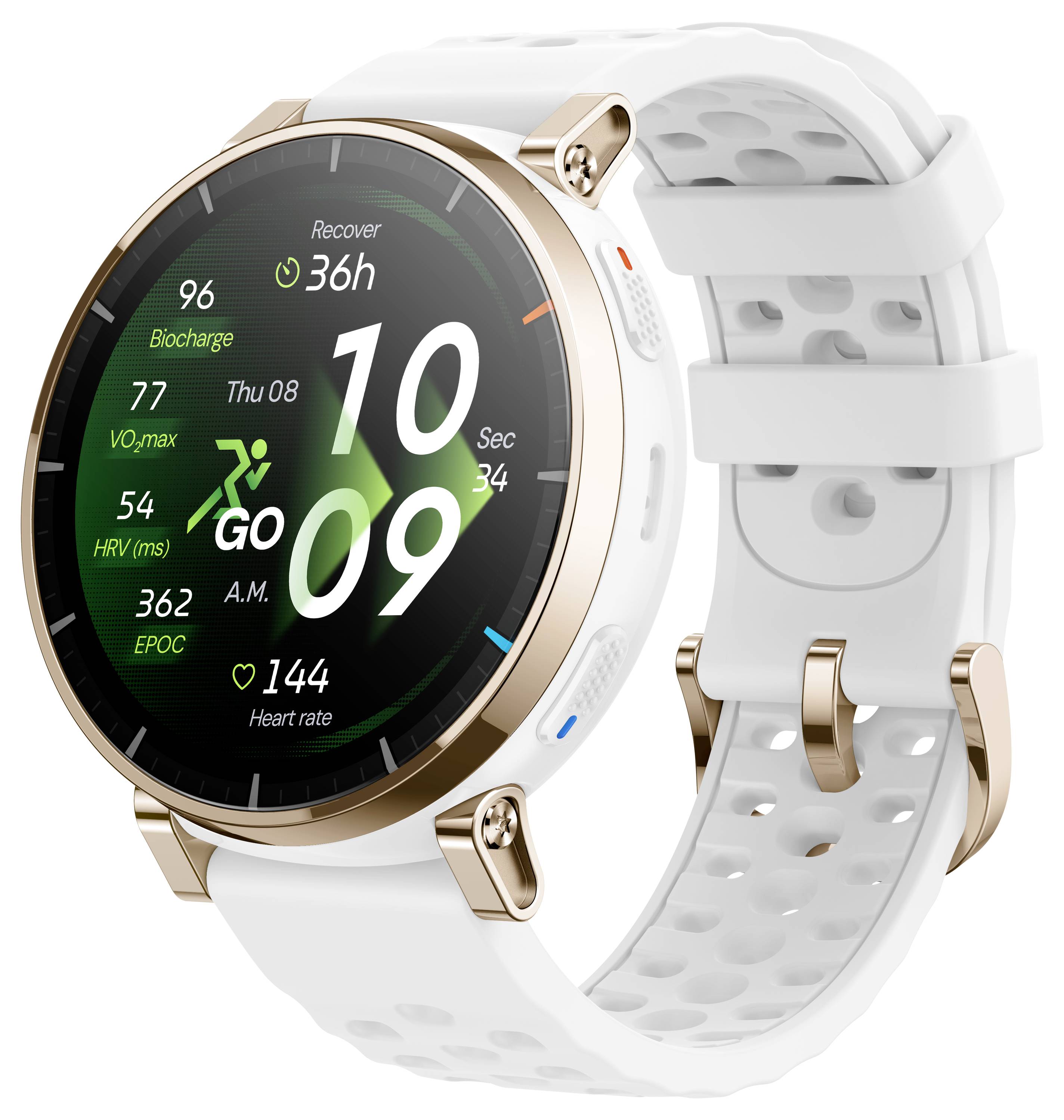 Smartwatch bianco e oro con cinturino bianco forato, che mostra un dashboard fitness con l'ora 10:09, recupero 36h e frequenza cardiaca 144.