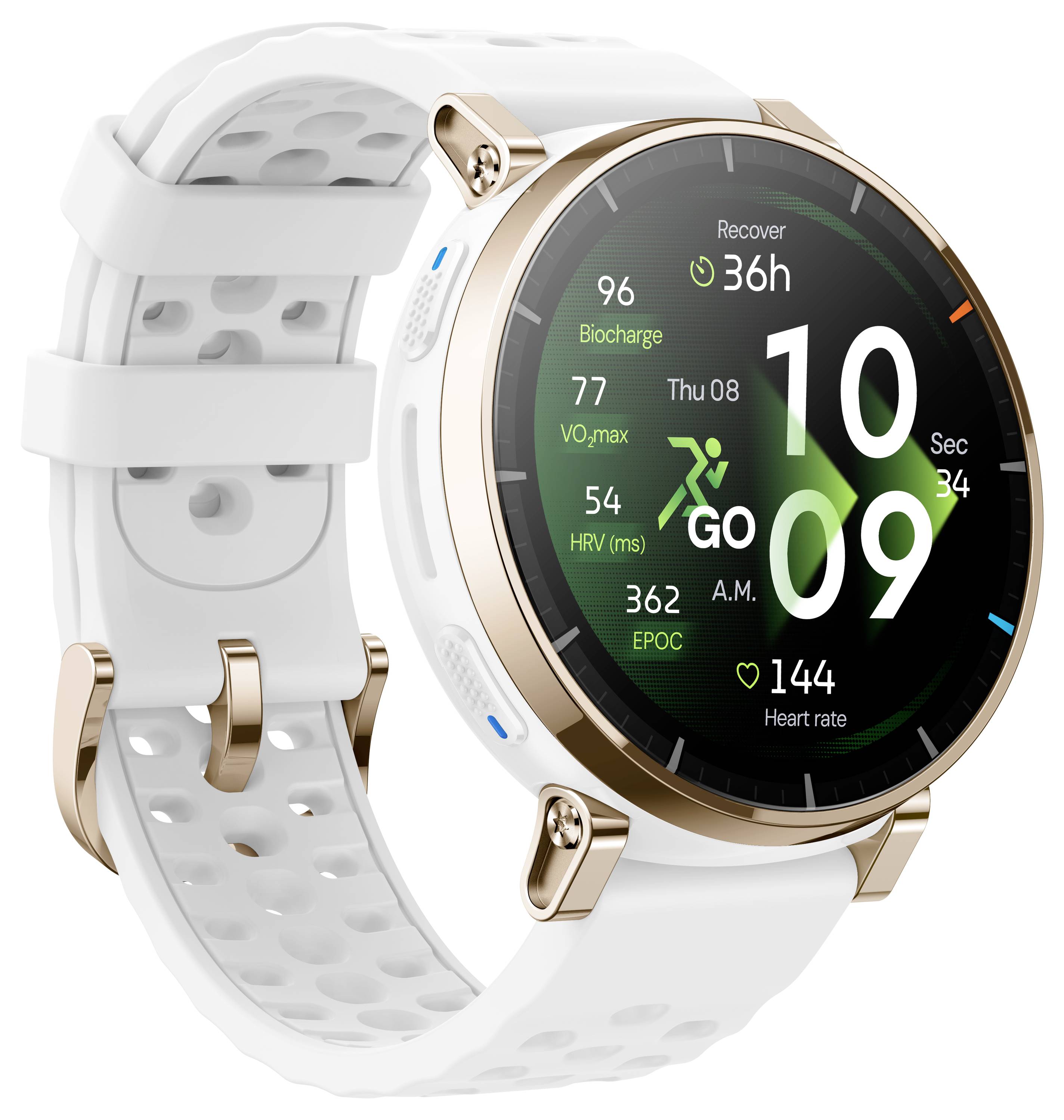 Smartwatch in stile Garmin bianco con lunetta in oro rosa e cinturino bianco forato, che visualizza una dashboard fitness con ora, frequenza cardiaca, recupero e metriche di allenamento.
