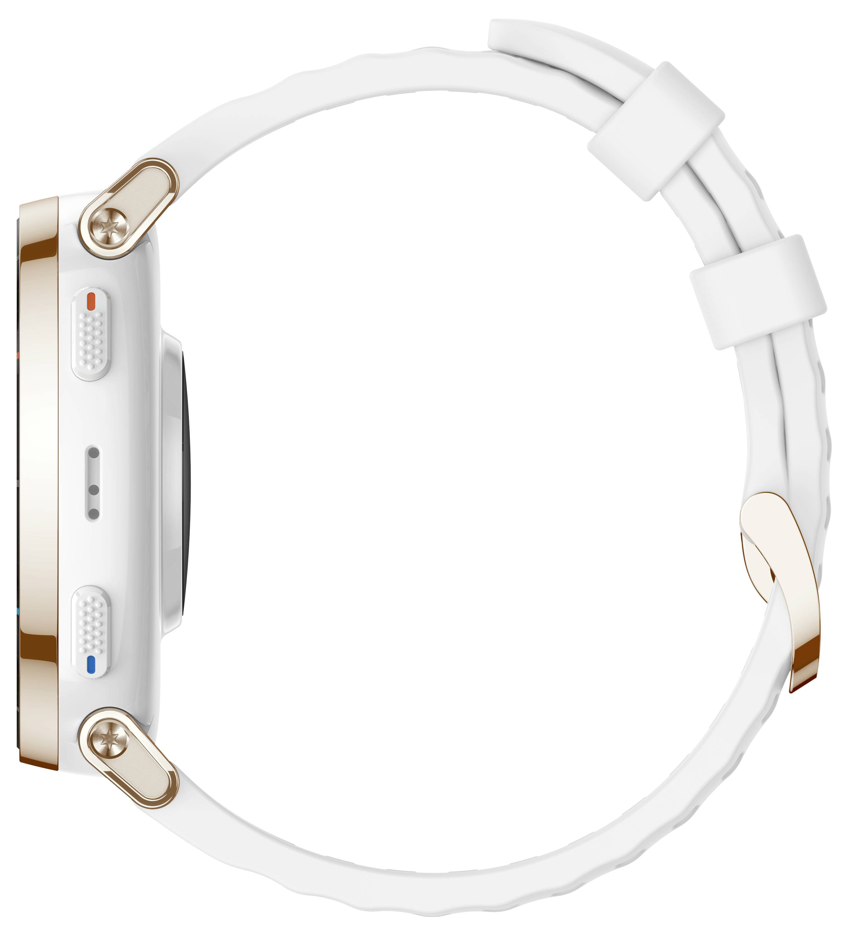Vista laterale di uno smartwatch bianco con quadrante rettangolare e cinturino bianco, mostrato isolato su uno sfondo bianco.