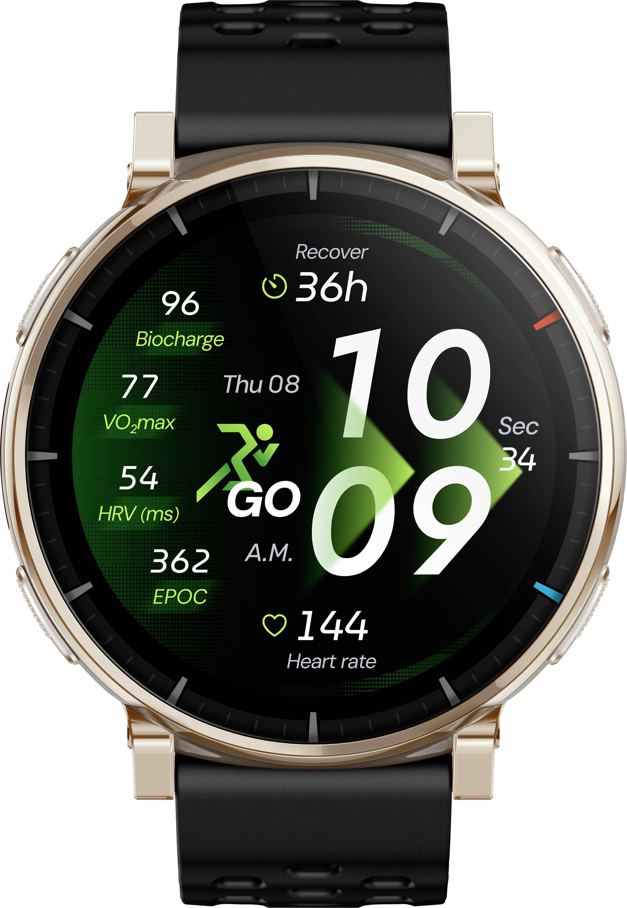 Quadrante smartwatch in stile Garmin che mostra le 10:09 A.M., Gio 08, con recupero 36h, Biocarica 96, VO2 max 77, VFC 54 ms, EPOC 362 e frequenza cardiaca 144.