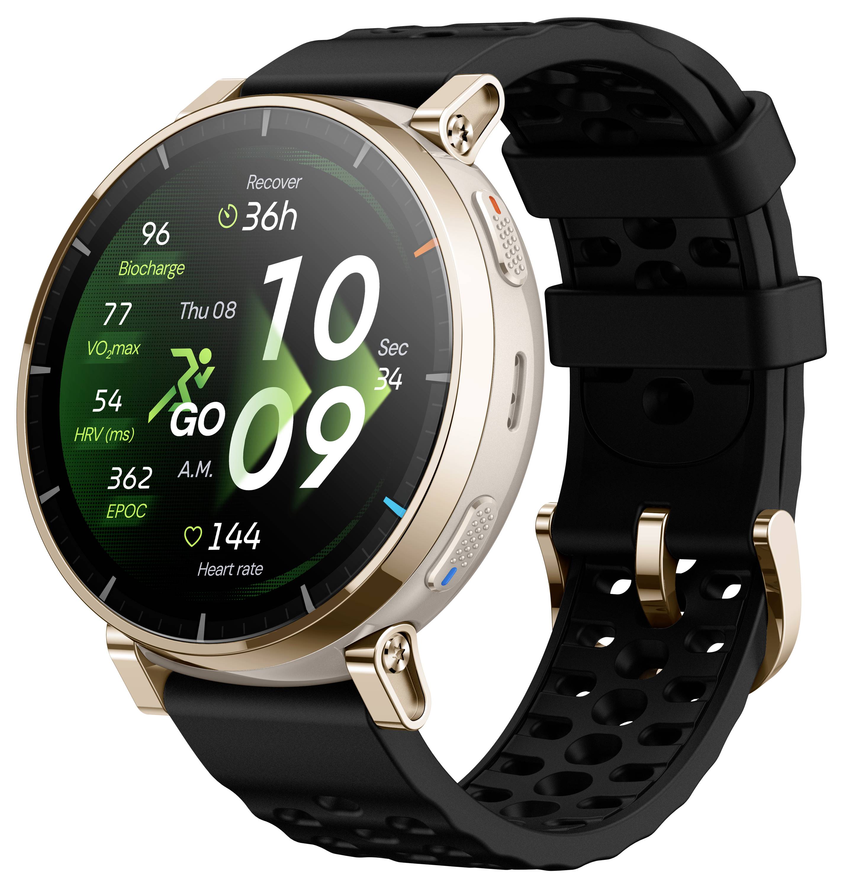 Smartwatch rotondo in oro con cinturino perforato nero che mostra statistiche di fitness, grande ora digitale 10:09, 'GO', e indicatori di frequenza cardiaca, recupero, Biocharge, VO2 max, HRV ed EPOC.