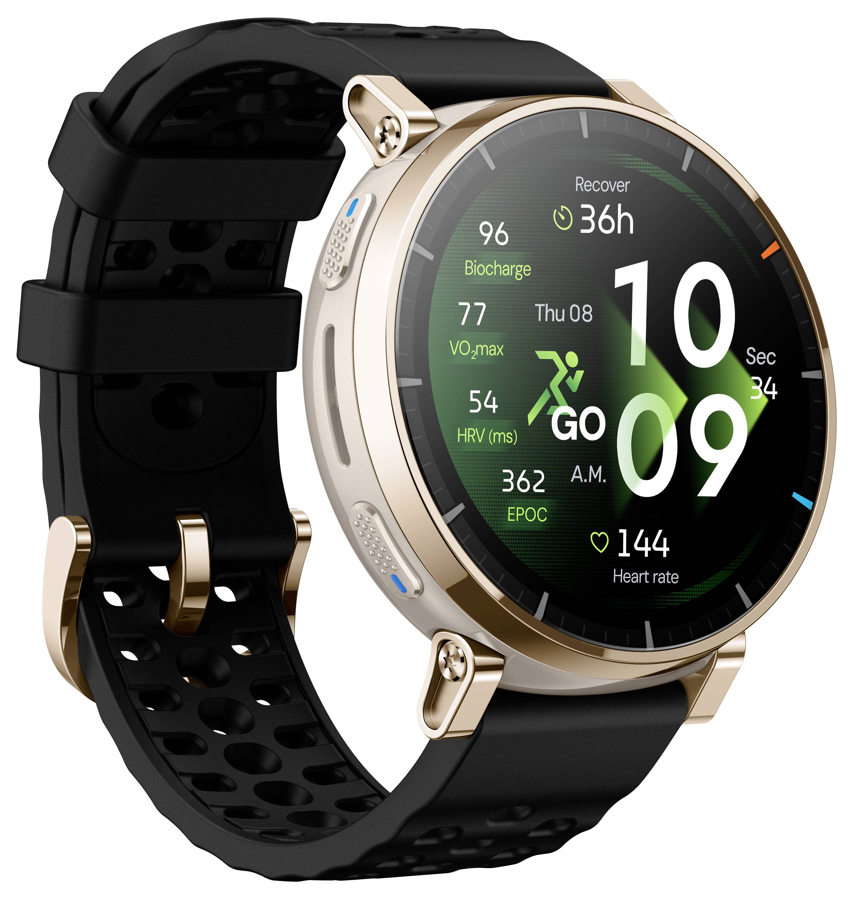 Smartwatch oro con cinturino nero traforato che visualizza metriche di fitness e ora su un quadrante digitale rotondo.