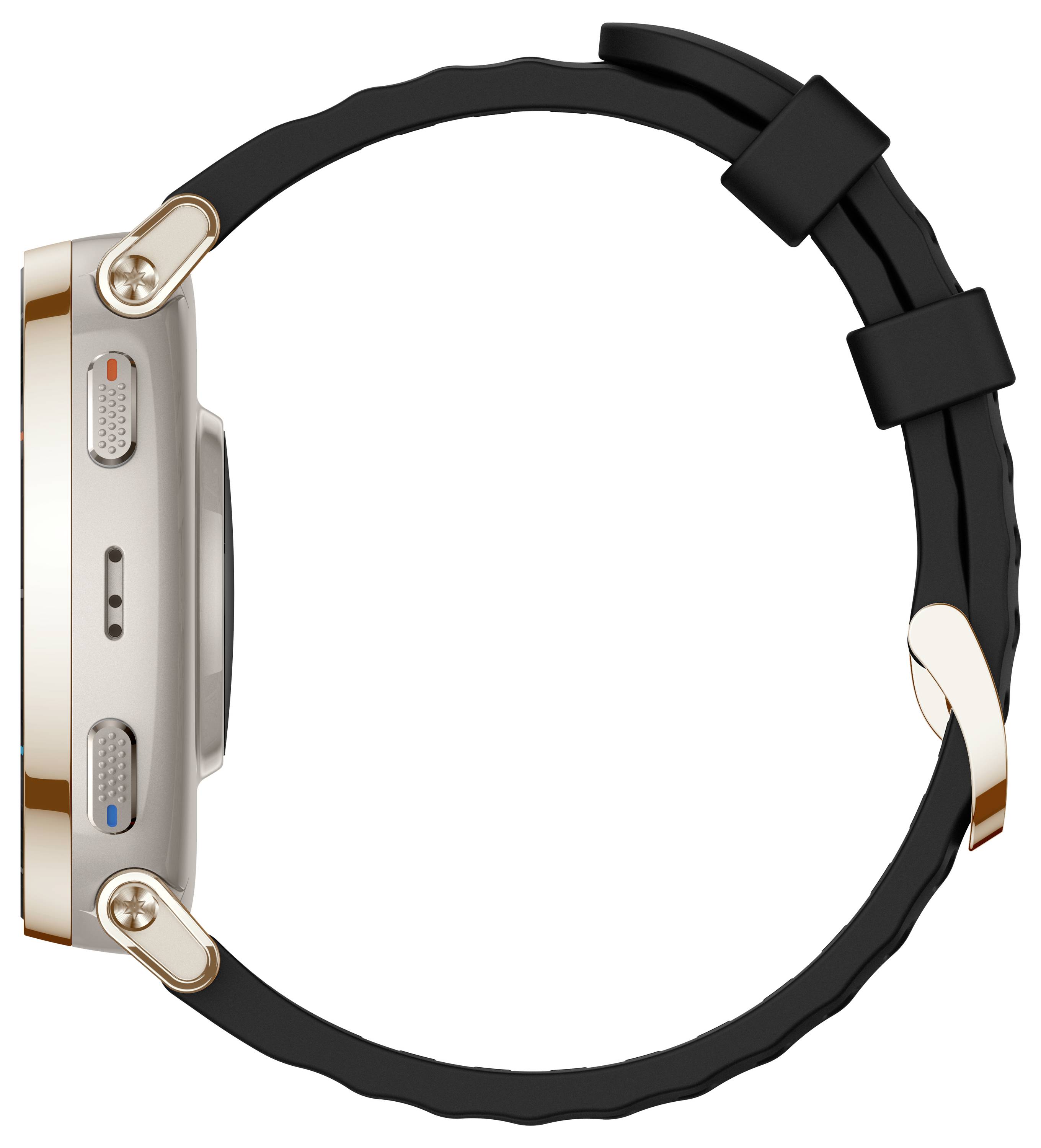 Vista laterale di uno smartwatch con cinturino nero e cassa color oro rosa su sfondo bianco.