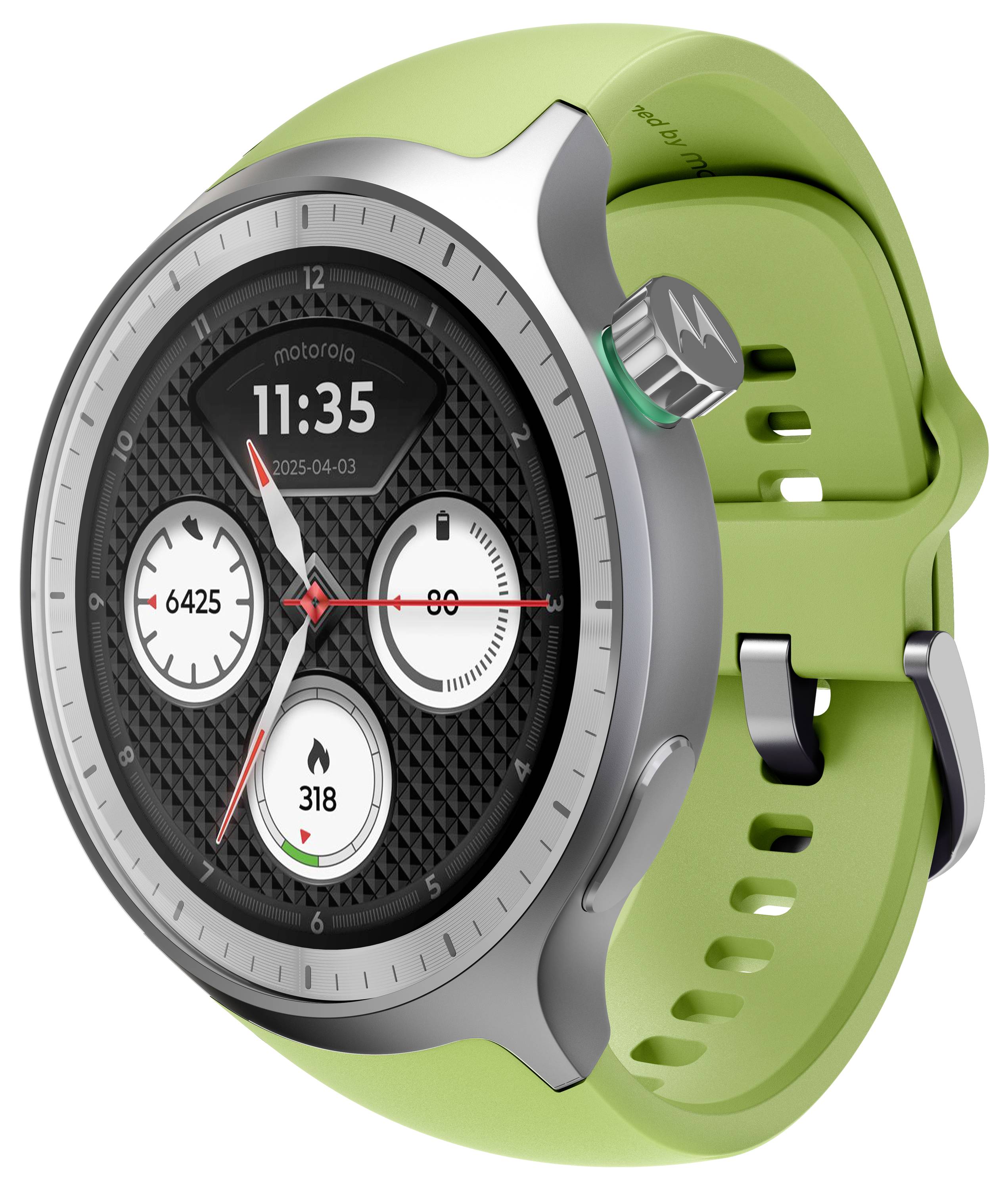 Orologio intelligente Motorola con quadrante rotondo nero e cinturino verde lime, che mostra le 11:35 e tre letture di fitness.
