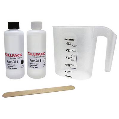 Brocca graduata in plastica con tacche da 0,1 a 0,5 litri, due bottiglie di CELLPACK Power-Gel e un bastoncino in legno per mescolare su uno sfondo bianco.