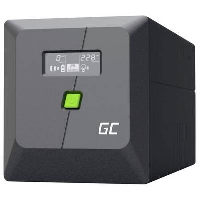 Unità di backup batteria UPS Black GC con piccolo display LCD che mostra lo stato e un pulsante di alimentazione verde sulla parte anteriore