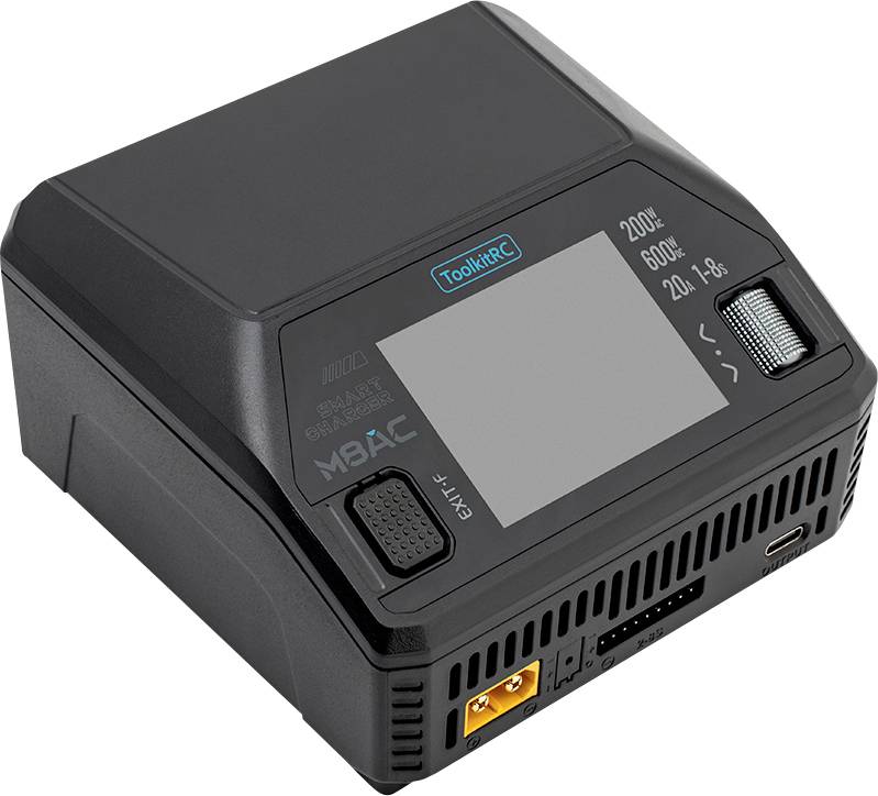Caricabatterie e tester di potenza ToolkitRC nero con schermo, manopola di controllo e connettori sulla parte anteriore