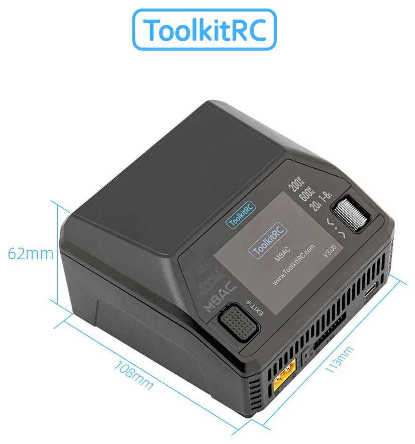 Dispositivo elettronico ToolkitRC mostrato in prospettiva, con dimensioni etichettate di 62 mm di altezza, 108 mm di larghezza e 113 mm di profondità.