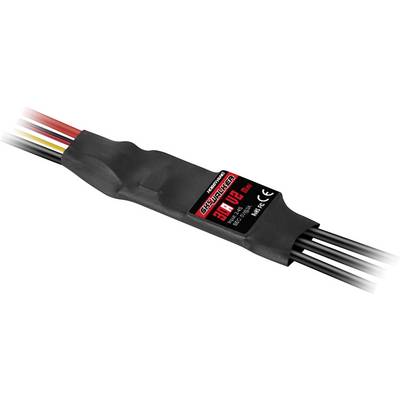 Modulo controllore di velocità elettronico nero avvolto in tubo termorestringente, con più fili colorati in ingresso e fili neri in uscita su sfondo bianco.