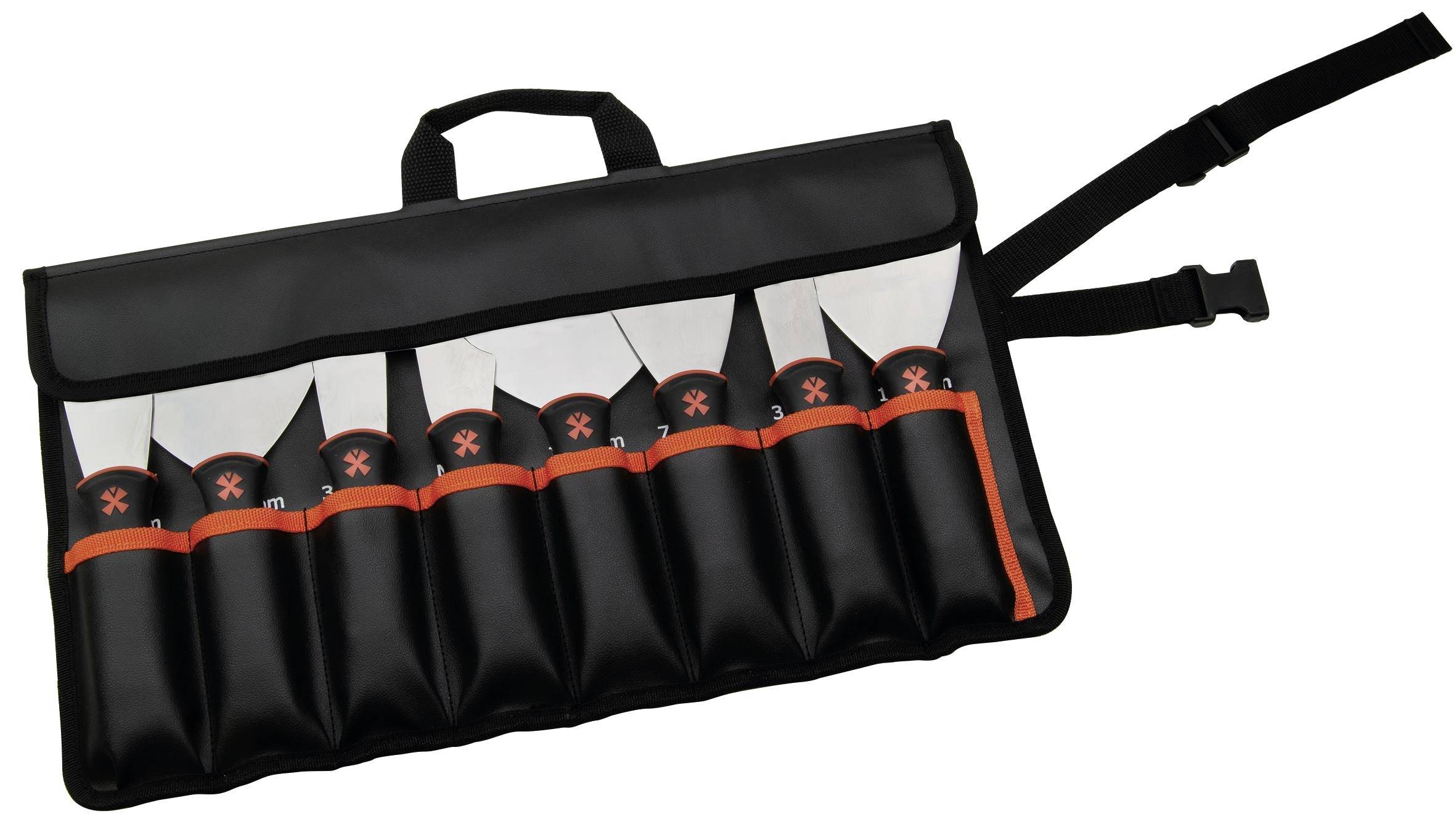 Borsa portautensili nera arrotolabile con manico, tracolla e più tasche aperte per contenere piccoli attrezzi manuali o portapunte.