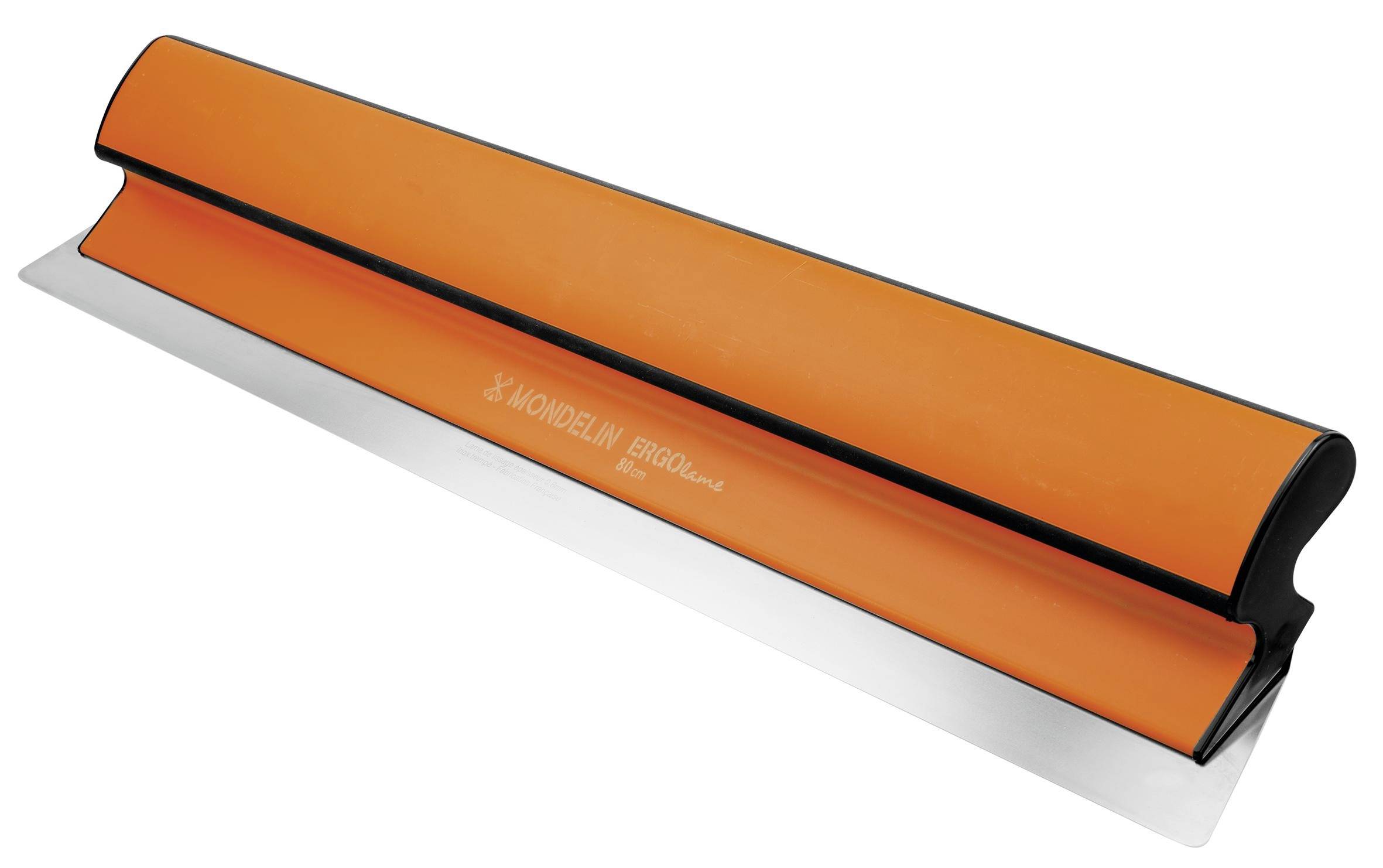 Spatola per pavimenti arancione con manico nero e lama in gomma argento, mostrata su sfondo bianco.