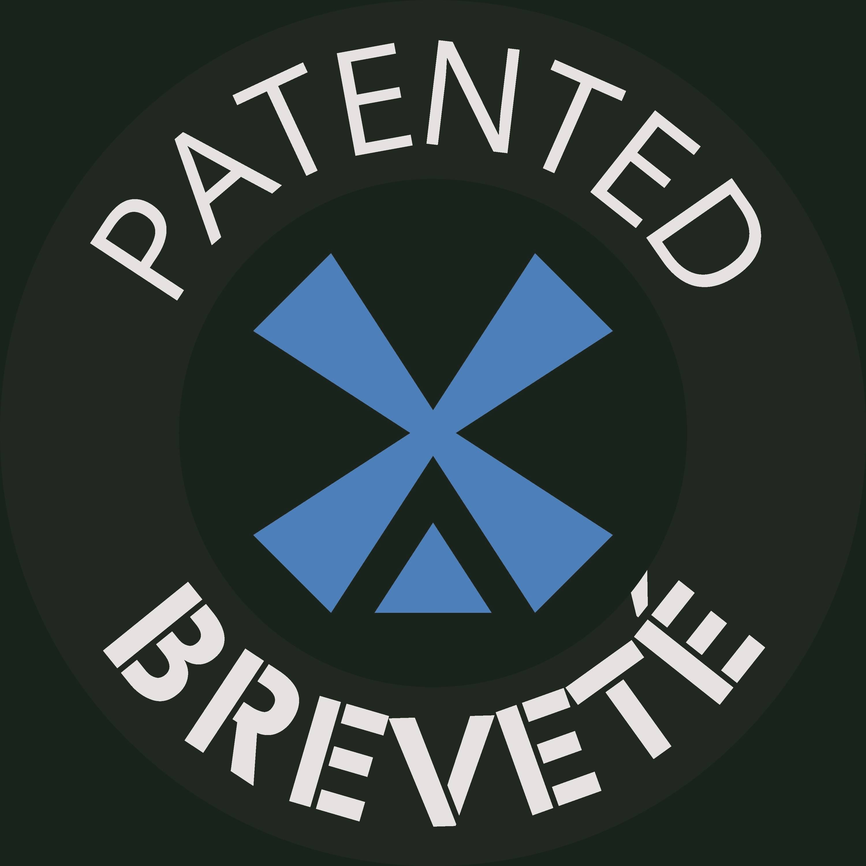 Logo astratto blu con una stella con le parole 'BREVETTATO' sopra e 'BREVETE' sotto su uno sfondo circolare scuro.