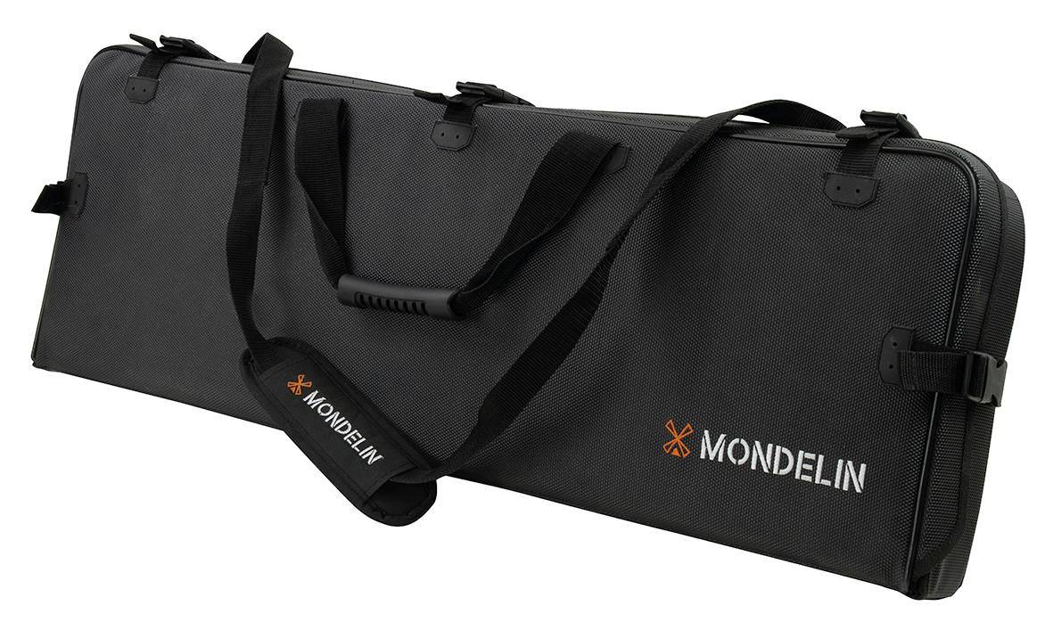 Custodia Mondelin nera con maniglie e tracolla, mostrata chiusa su sfondo bianco.