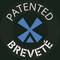 Logo circolare con simbolo astratto a forma di stella blu e le parole 'PATENTED BREVETE' intorno ad esso su uno sfondo scuro.