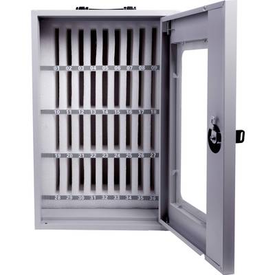 Armadio grigio in metallo con porta a cerniera e scomparti numerati da 01 a 36 per conservare chiavi o campioni.