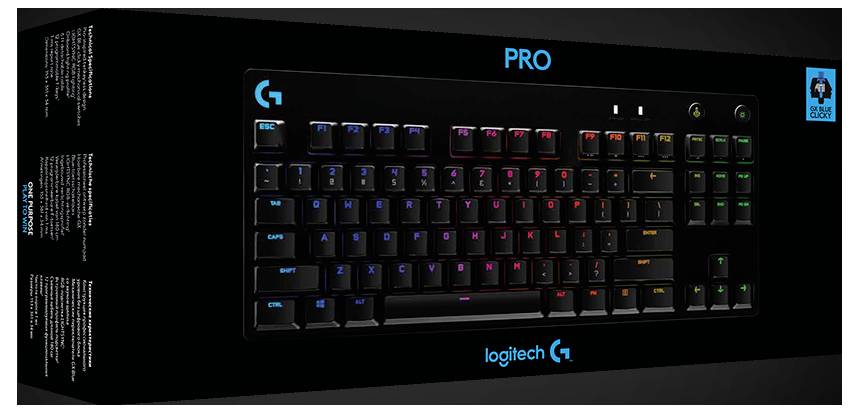 Tastiera da gaming compatta Logitech G PRO su una scatola di prodotto nera, mostrata con tasti illuminati RGB e l'etichetta 'PRO'.