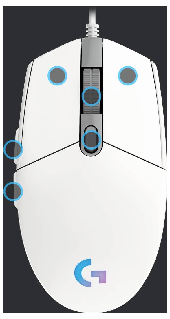 Mouse per computer cablato bianco mostrato da sopra con sei pulsanti evidenziati e logo vicino al fondo.