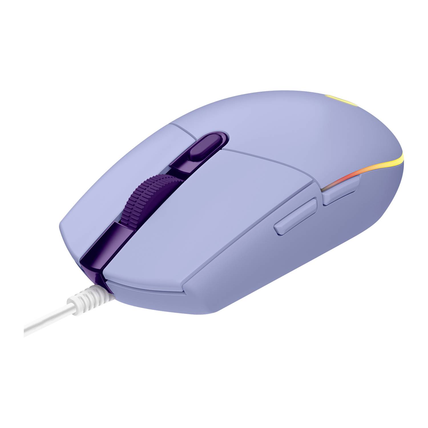 Mouse per computer cablato azzurro chiaro con rotella di scorrimento viola e pulsanti laterali, mostrato su uno sfondo bianco uniforme.