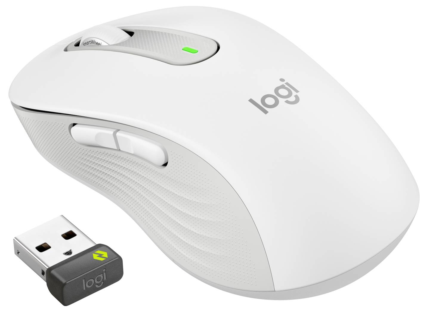 Mouse wireless Logitech bianco con dongle ricevitore USB mostrato accanto ad esso.