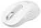 Mouse wireless Logitech bianco con rotella di scorrimento, spia luminosa verde e pulsanti laterali mostrato su uno sfondo neutro.