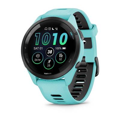Orologio intelligente Garmin turchese con quadrante rotondo nero che mostra le 10:10, la data 'SAT 01' e le statistiche di fitness su uno sfondo bianco.
