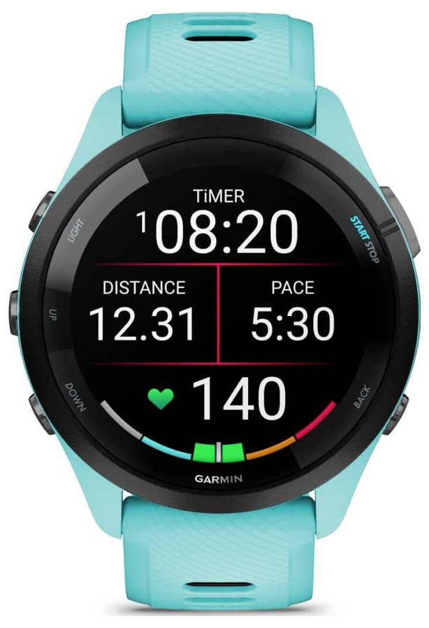 Orologio sportivo Garmin con cinturino turchese che mostra le statistiche dell'allenamento: cronometro 08:20, distanza 12,31, ritmo 5:30, frequenza cardiaca 140.